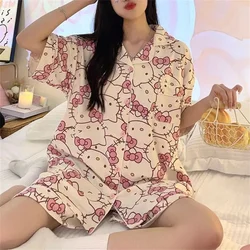 Sanrios Hello Kitty kısa bölüm bayanlar pijama seti pijama kadın yaz Kawaii karikatür gevşek pijama pantolon seti