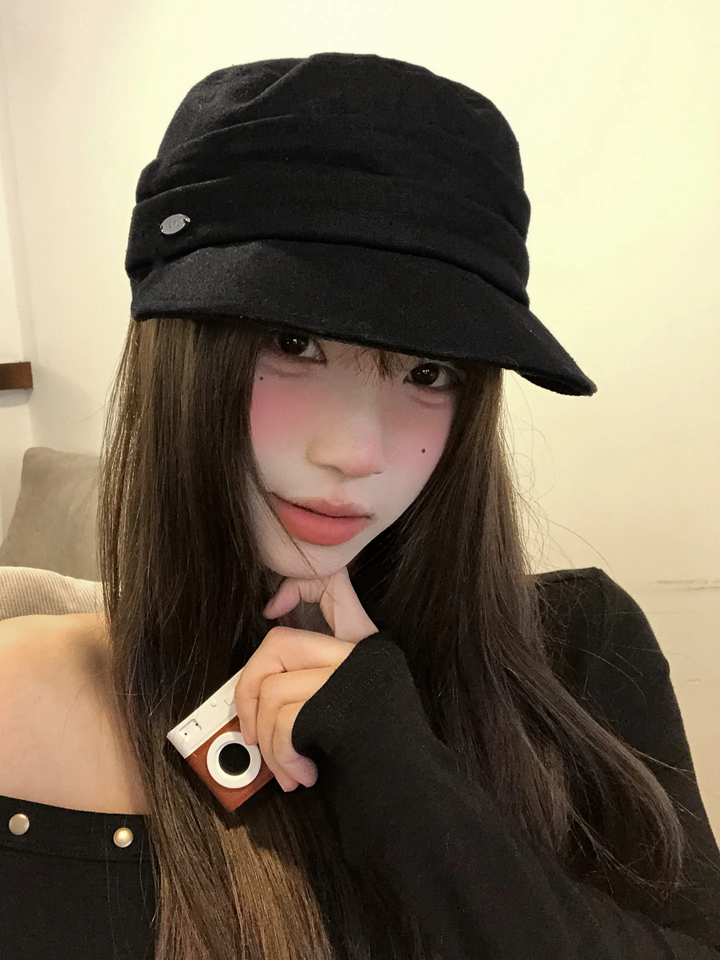 Retro Black Flat Top Hat for Women Autumn Winter Fashion Sensation Face Slimming Beret Cap Large Head Size Newsboy Hat