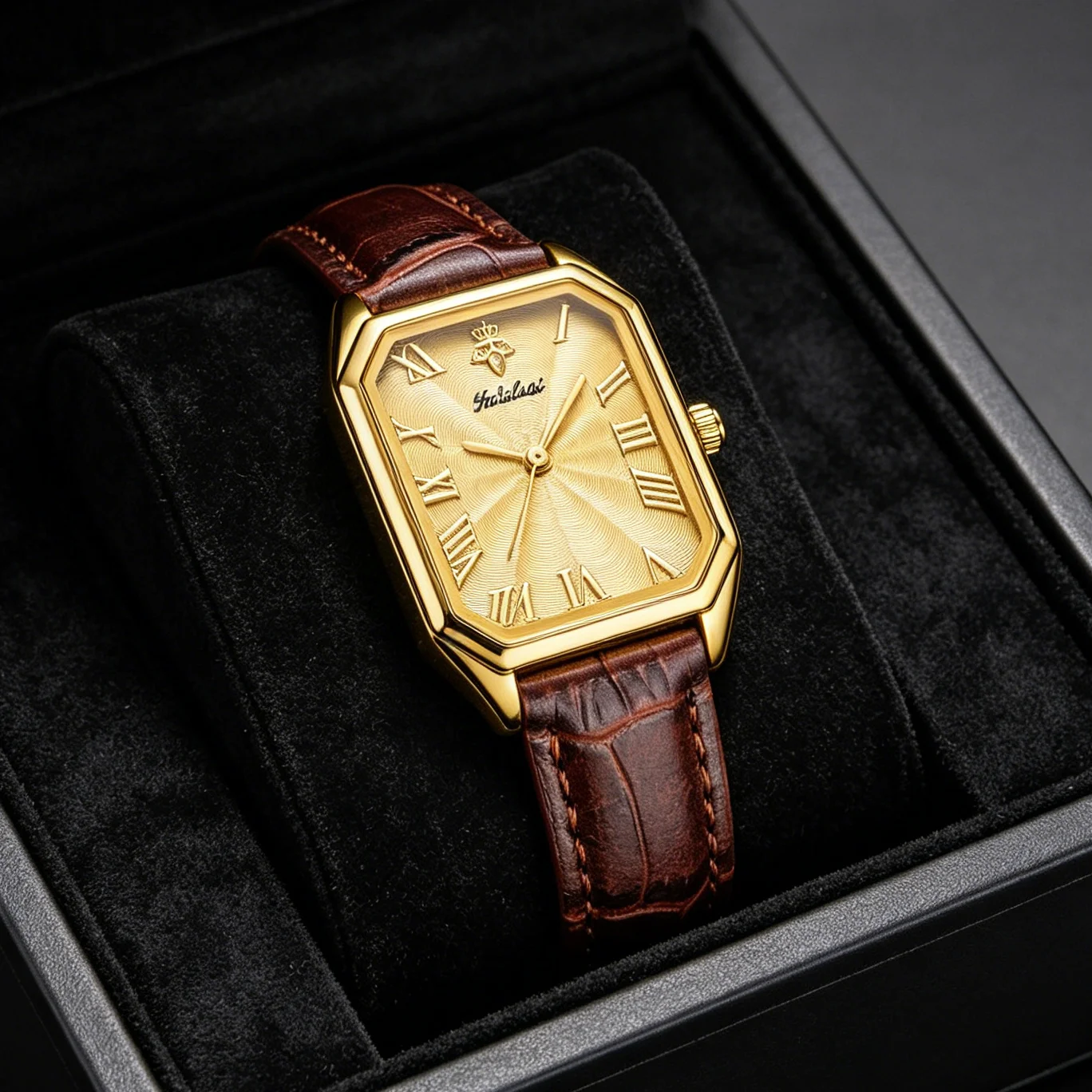 YaLaLuSi Retro Octagon Gold Case Women Watch Dark   Dial Roman Numerals Crocodile Texture Leather Strap Elegant Ladies Dress Quartz Watch