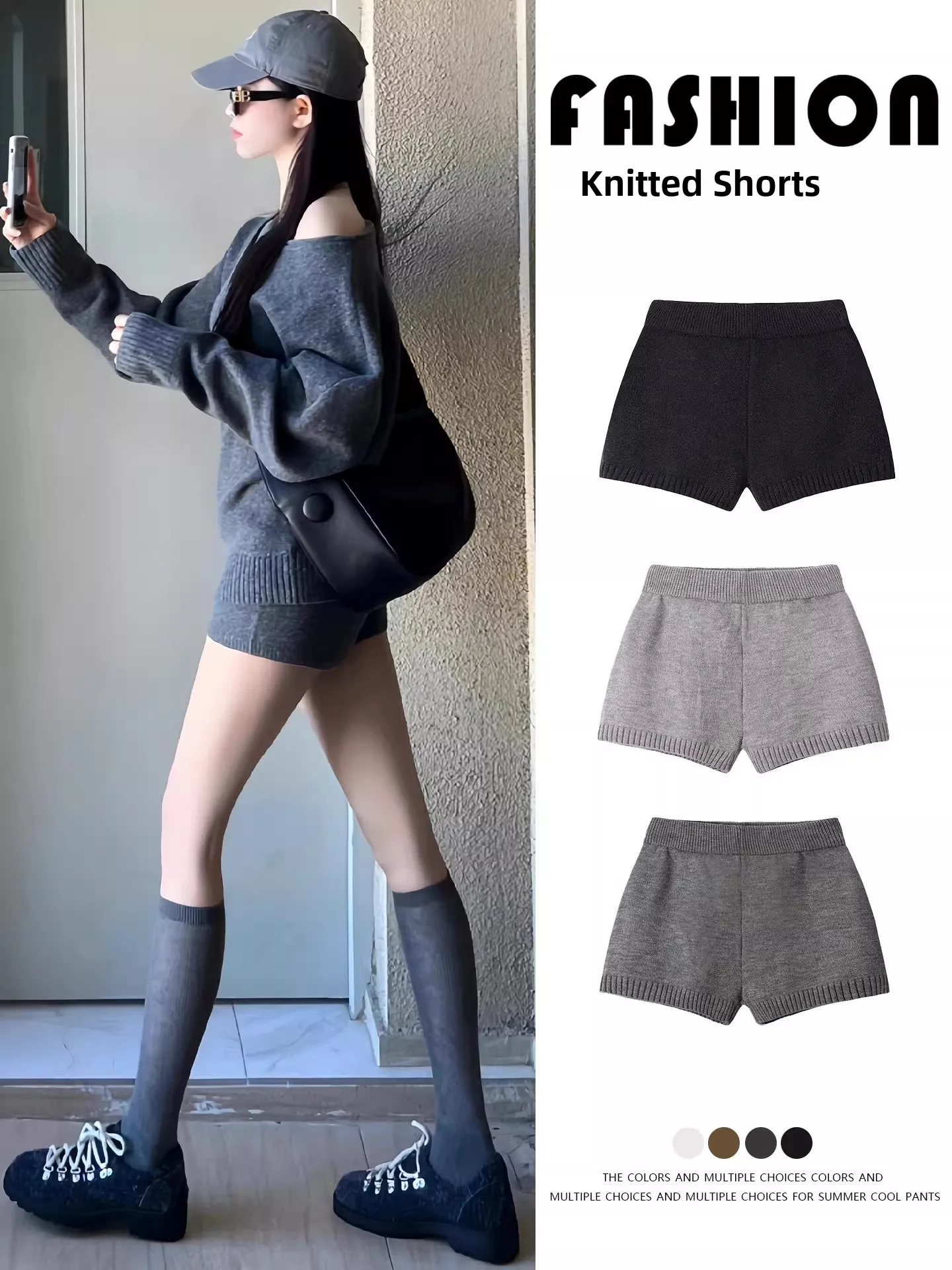 Grey Knitted Shorts Women's Early Autumn Winter Casual High Waist Slimming Outerwear Spicy Little Girls Versatile Sweater Pants