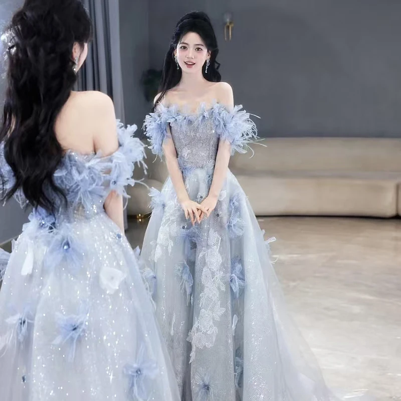 

Customized New Blue Evening Dress for Women Sweet Flowers Sequins Beading A-line Long Party Formal Gowns Vestidos De Noche
