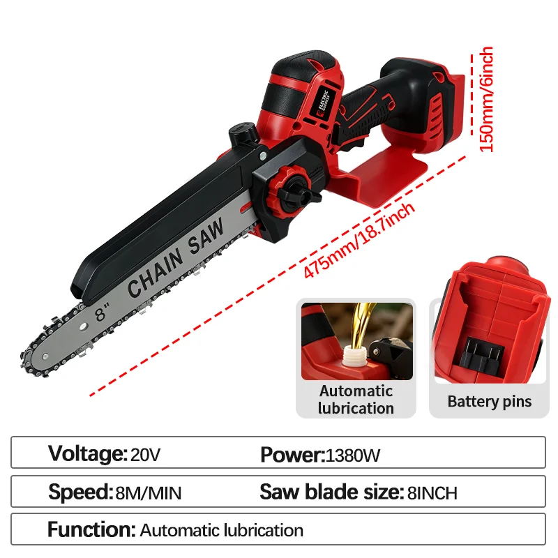 Electric Goddess Brushless 8in Electric Chainsaw 1380W Cordless Woodwork Cutting Garden Pruning Saw For Milwaukee 20VBattery Pin