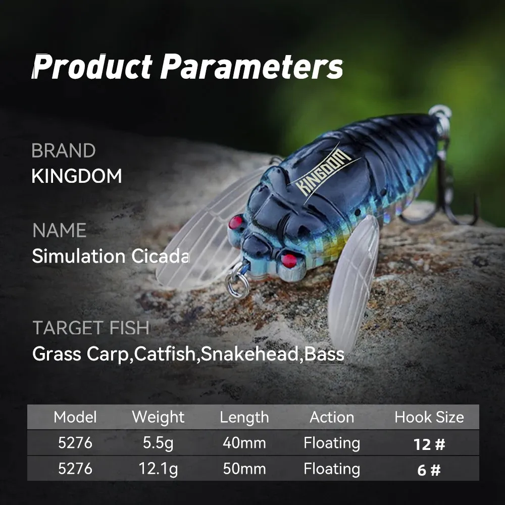 Kingdom Fishing Lure Bionic Cicada 40mm5.5g 55mm12.1g Artificial Floating Hard Crawler Bait Bass Pike Topwater  Insect Baits