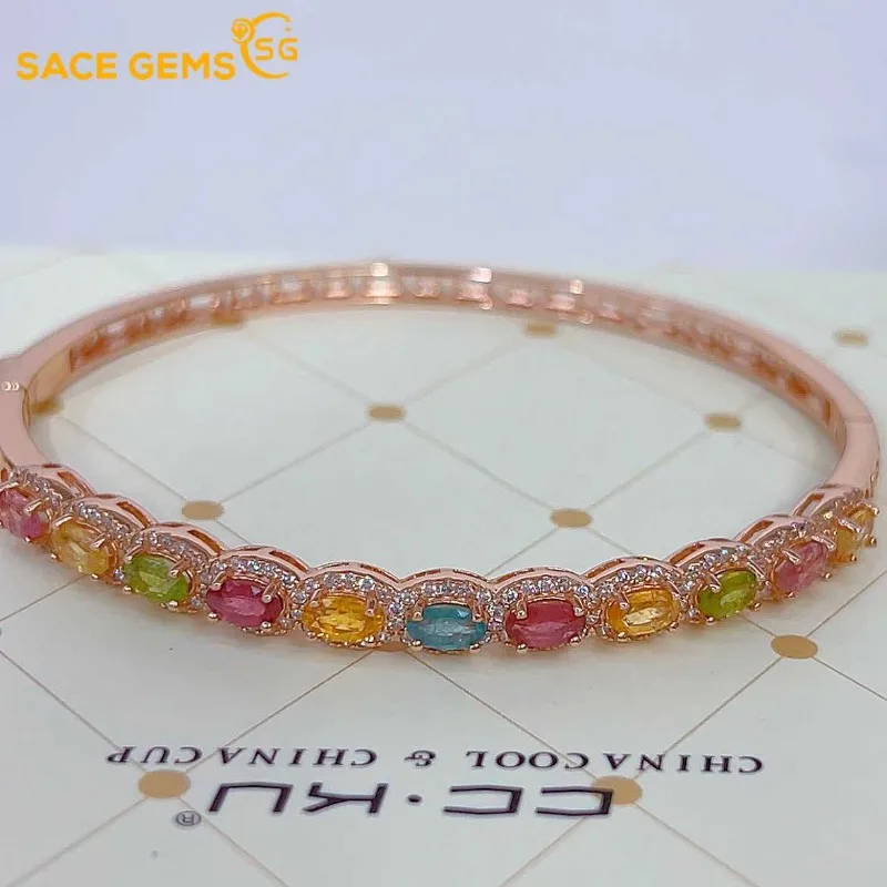 SACE GEMS New Certified 3*5mm Natural Tourmaline Bracelets 925 Sterling Silver 18cm for Women Engagement Party Fine Jewelry Gift