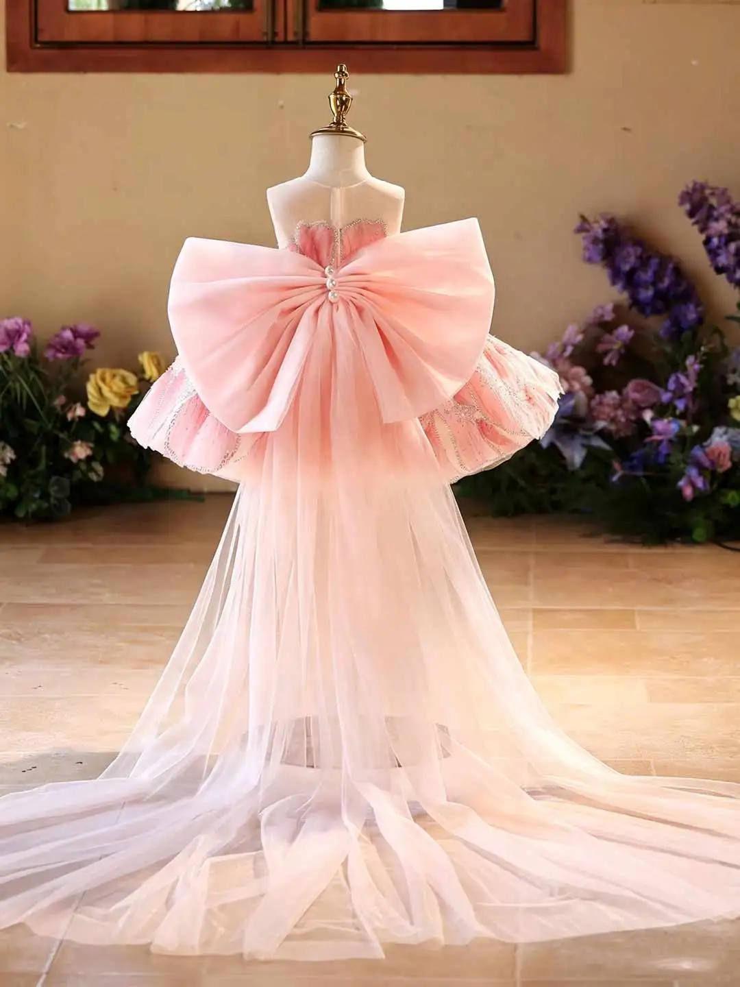 Dreamy Vow D022 Pink 3D Petal Girls Tutu Dress, Rhinestone Trim Gown with Oversized Back Bow & Sheer Tulle Train