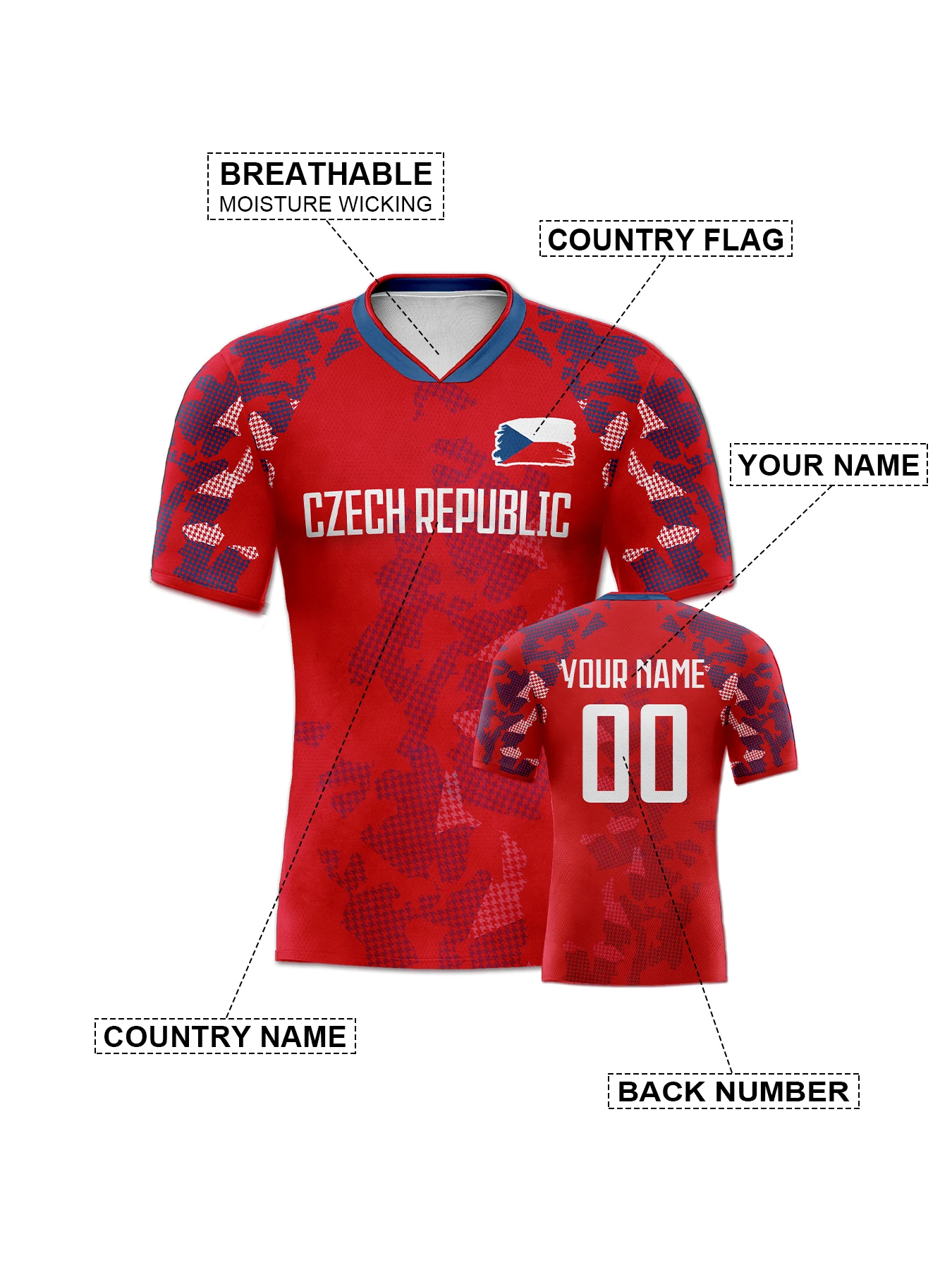 Custom Czech Republic Soccer Jersey Personalized Name Number National Team Football Shirt V-Neck Flag Design for Men Kids Women view 4