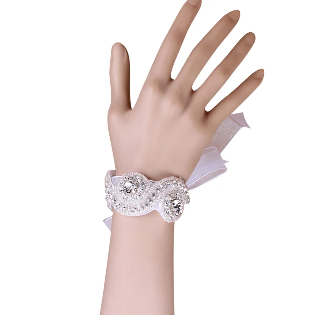 

White Rhinestone Crystal Wedding Bridal Bridesmaid Wrist Flower Band Decorative Wristband Ideal for Wedding Dancing Party