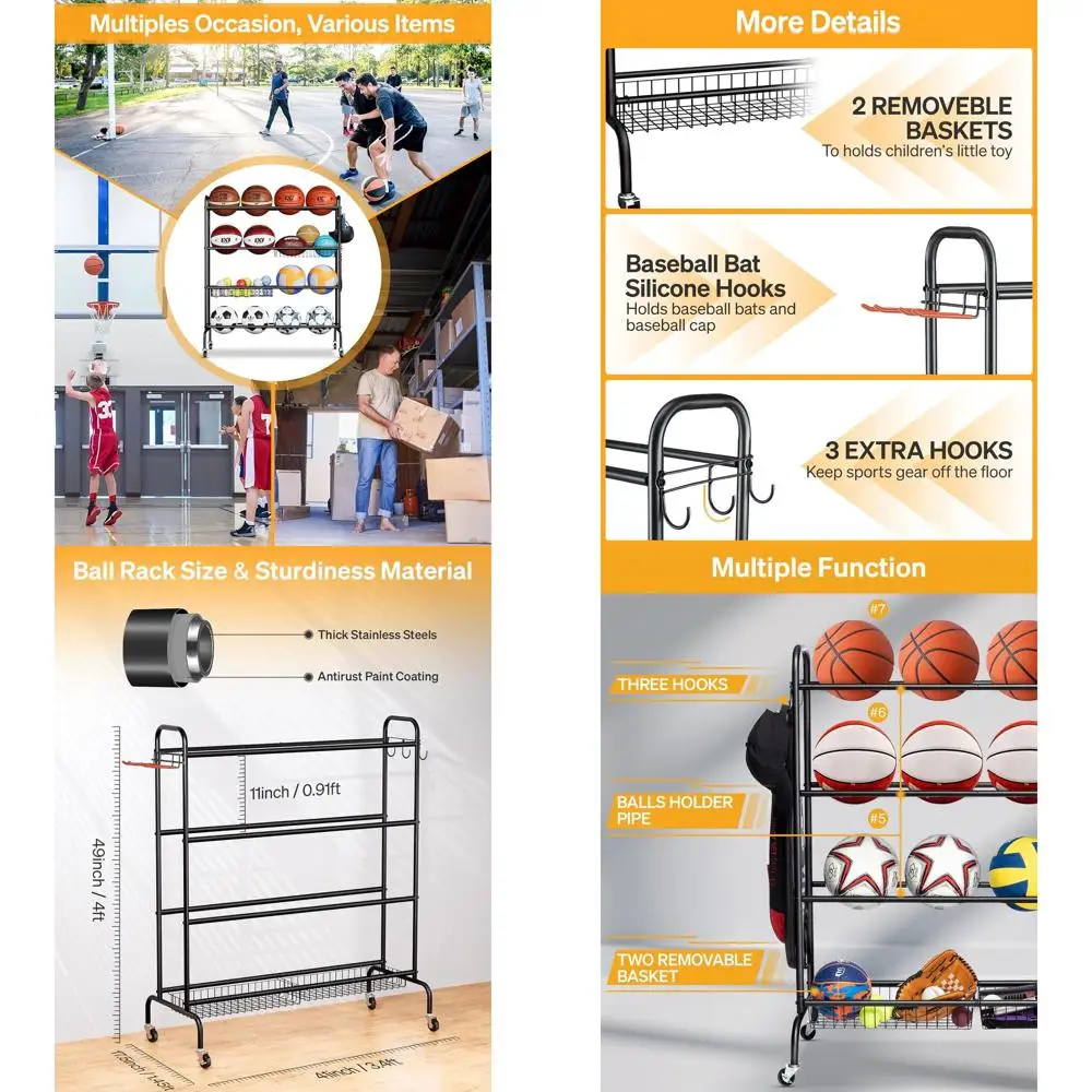 

Basketball Rack, Rolling Basketball Shooting Training Stand,Sports Equipment Storage with Wheels, our-Layer Organizer Holder wit