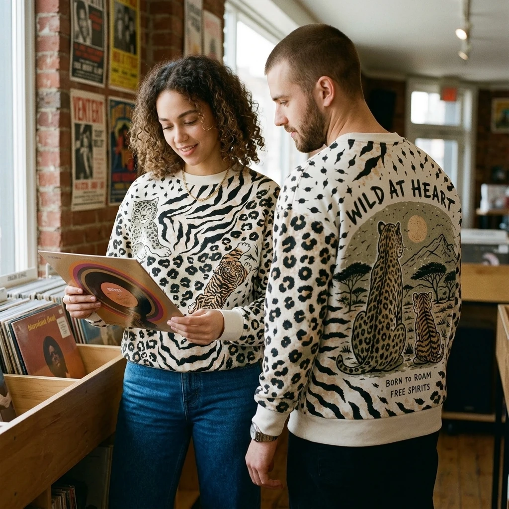 Fashion Vintage Wild Animal Parent-Child Long Sleeve Crewneck Sweatshirt Retro Nature Wilderness Pullover Christmas Holiday Tops