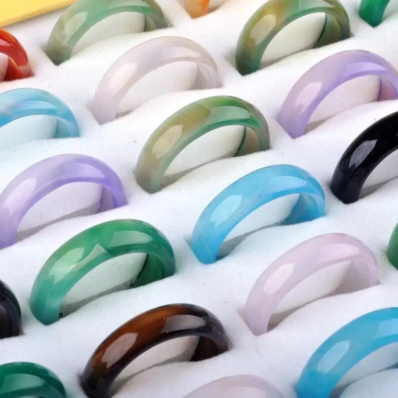 Wholesale 10pcs/Lot White Natural Agate Stone Rings Simple Smooth Round Finger Rings for Women Wedding Band Trendy Jewelry