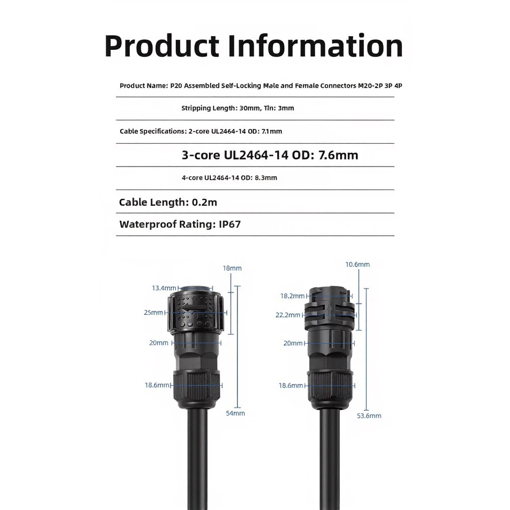 For P20 Push Pull Self Locking Connector 2 3 4 Pin Male Female IP67 Waterproof Gold Plated For Aviation Industrial Power Cable