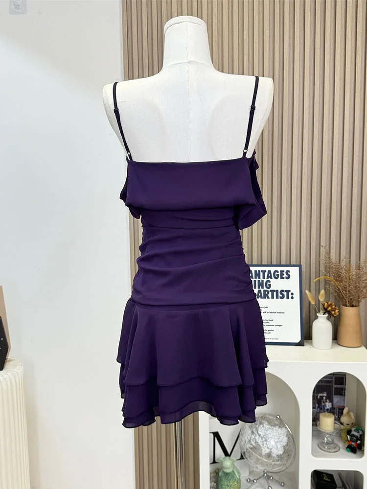 American Style Sexy Slim Spaghetti Strap Dress Women Coquette Pleated Prom Gown Autumn 2024 New Purple Elegant One-Piece Frocks