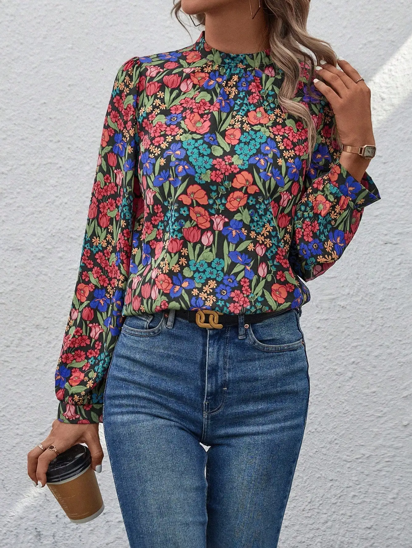 Blusa de Moda 2026, 100% Poliéster, Estilo Vintage con Estampado Floral, Cuello Alto, Manga Larga, Espalda con Abertura, Camisa Casual con Estampado Completo para Mujer