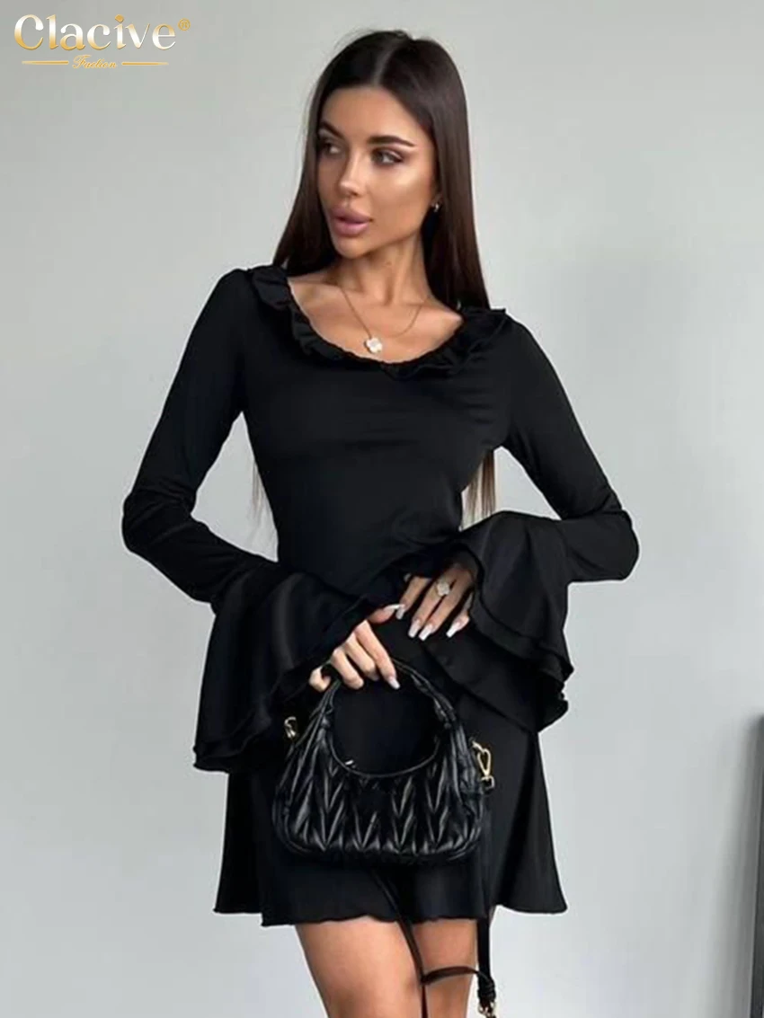 

Clacive Bodycon Black Knitted Women Dress 2025 Fashion Ruffle Collar Long Sleeve Mini Dresses Elegant Classic Solid Female Dress