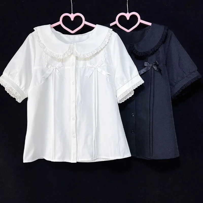 Lolita Preppy Style Shirts Bow Ruffles Folds Peter Pan Collar Puff Sleeve Solid Color Blouses for Women Summer Sweet Clothing