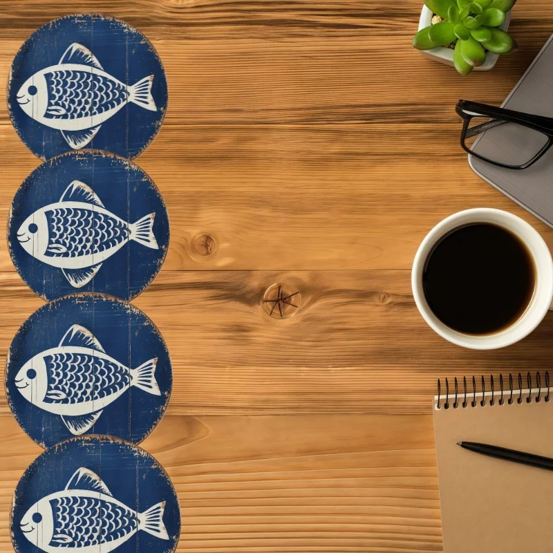 1pc Funny Interesting Design Fish-Shaped Wooden Coaster 2mm White Lines Blue Background Seaside Restaurants Durable Summer Gifts