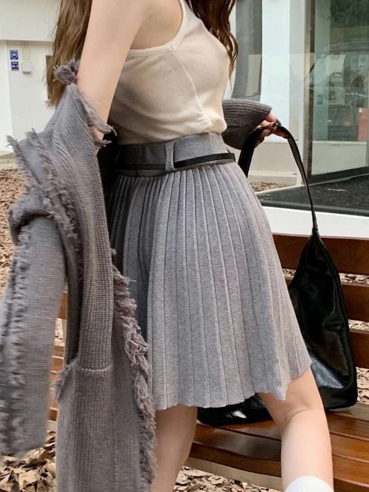 High Waist Pleated Skirt Autumn Winter New Fashion Knitted Skirts for Women Korean Preppy Style A-line with Belt Slim Mini Skirt