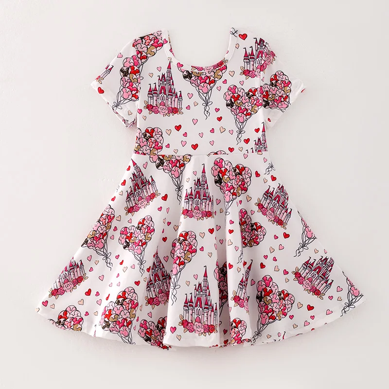 Girls Spring Summer Valentine's Day Balloons Print Dress Short Sleeve Twirl Dress