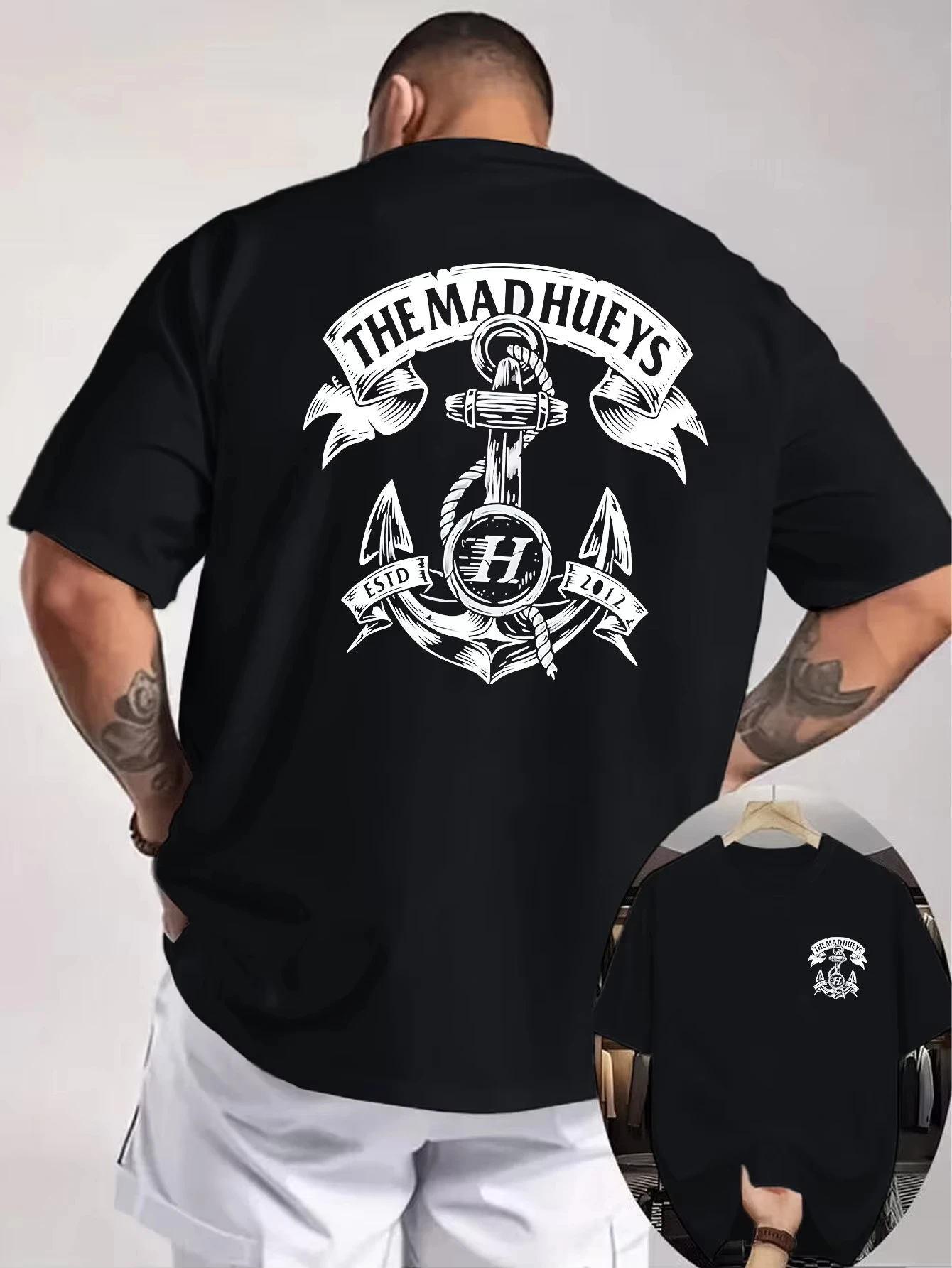 Edgy Black with Vintage Anchor and Banner Graphic 100_ Cotton Men's T-shirt Summer Urban Nautical-In