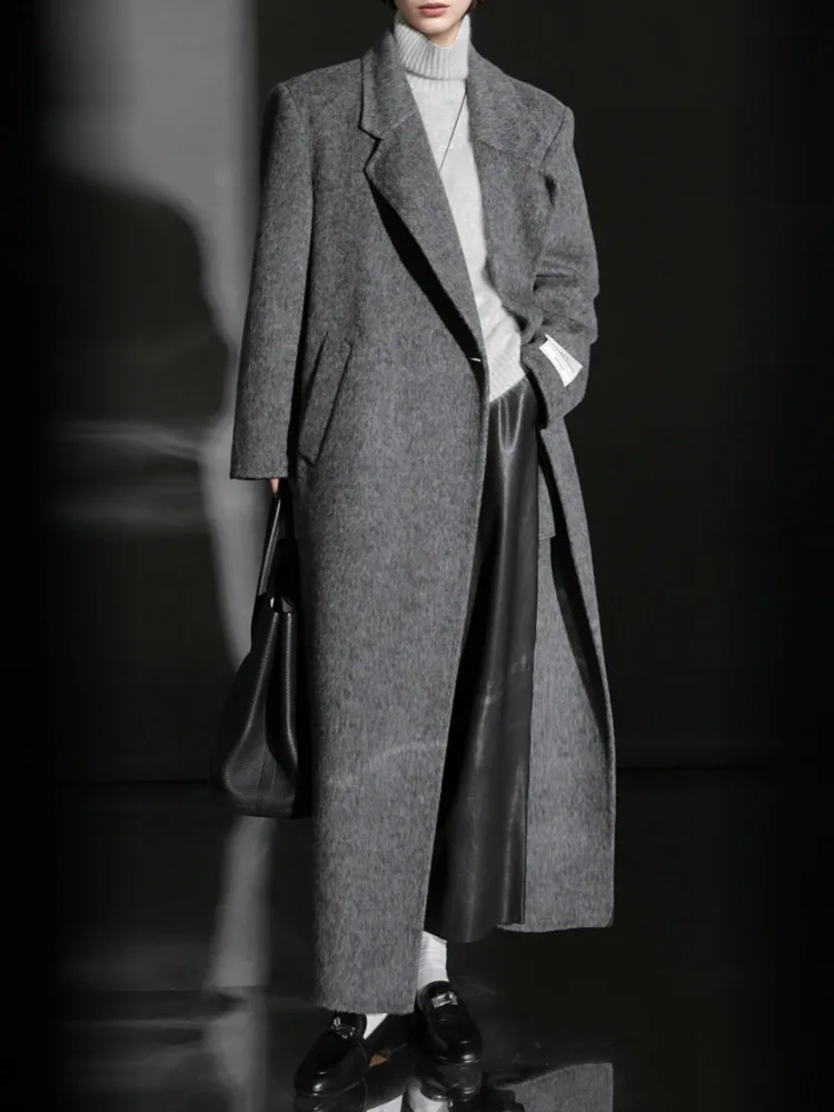 ZMEENNA Womens Gray Wool Blend Maxi Coat Oversized Single Button