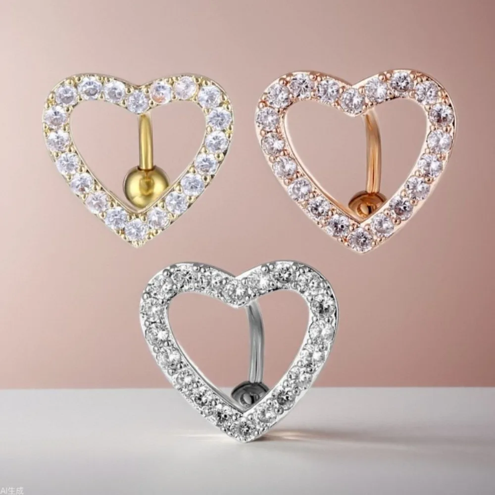 Fashion Stainless Steel Navel Barbell Jewelry Rhinestone Sparkling Heart Belly Button Ring Unique Individual Navel Ring Party