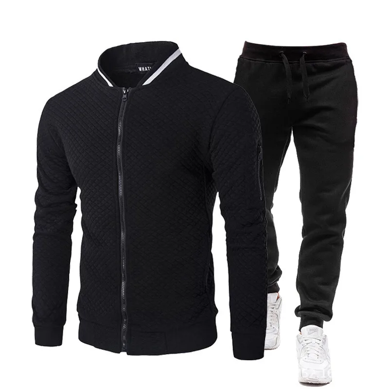Men Diamond Quilted Zipper Jacket Jogger Pants Set Stand Collar Casual Sports Tracksuit Outfit Set view 5