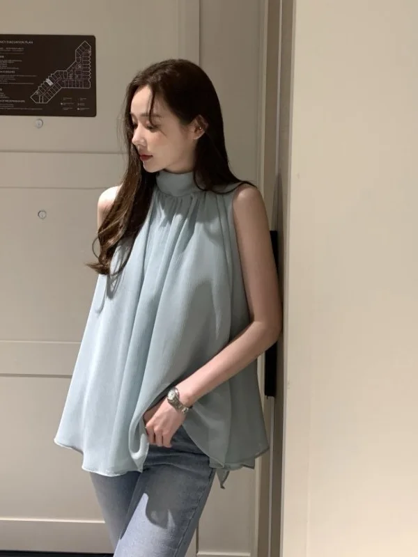 Elegant Neck Hanging Pleated Women's Shirt Loose Versatile Doll Style Shirt with Sash High End Design Summer Casual Top