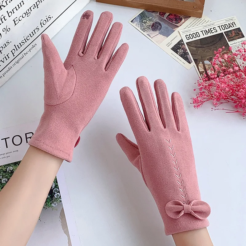 Guantes de invierno con pantalla táctil para mujer, manoplas de terciopelo grueso con lazo bordado, elegantes, a prueba de viento