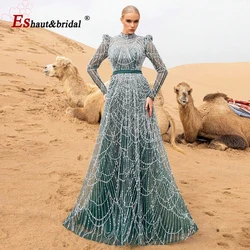 Elegant Muslim Pearls Beads Evening Dress for Women 2026 High Neck Long Sleeves Aline Formal Prom Wedding Party Gowns Customized