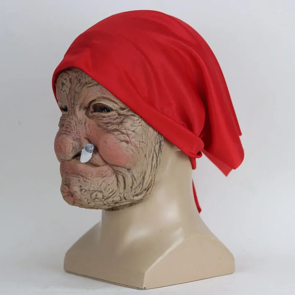 Funny Smoking Granny Old Nana Latex Mask Lady Grandma With Wrinkled Face and Red Scarf Masks Family Party Costume Props