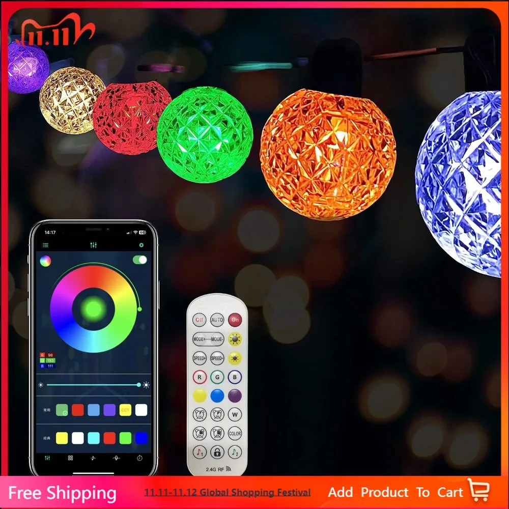 

25FT Smart LED Bulb String Light APP Control USB 25 Bulbs Fairy Lights Home Room Outdoor Garden Christmas Decor RGB Garland Lamp