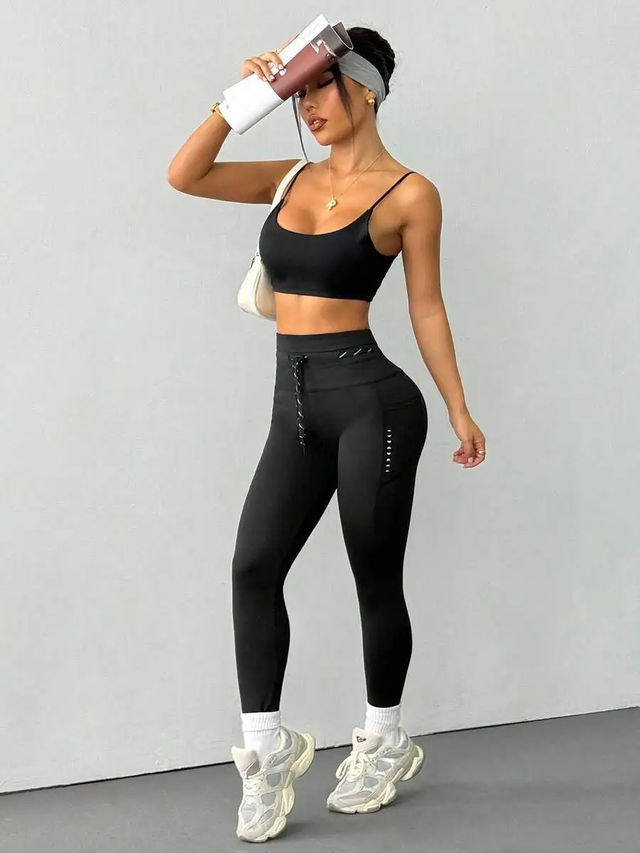 

Women Solid Color Drawstring Waist Pocket Leggings Casual Fitness Yoga Pants