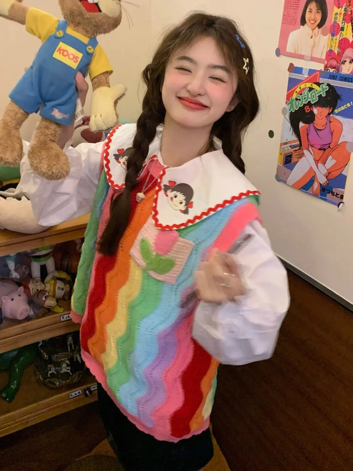 

Dopamine Rainbow Stripes Knitted Vest Women Early Autumn Sweet Layering Long Sleeve Doll Collar Shirt Two Piece Set