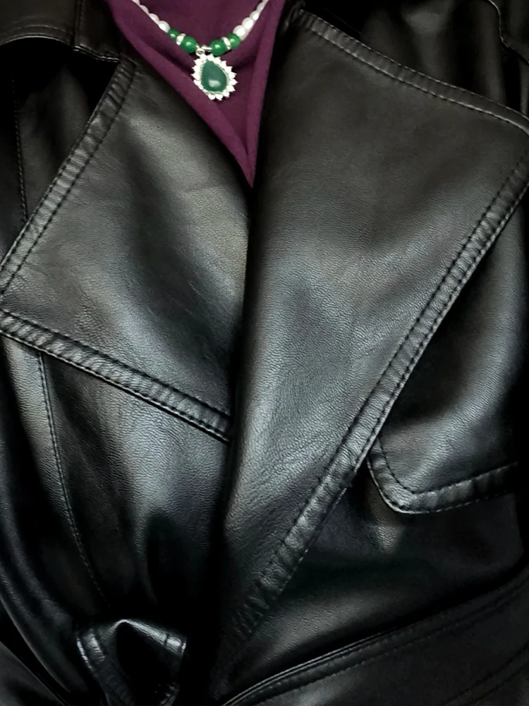 Lapel PU Leather Trench Coat Spring Autumn Belted Waist Slim British Outerwear Black Brown Optional Jackets for Women