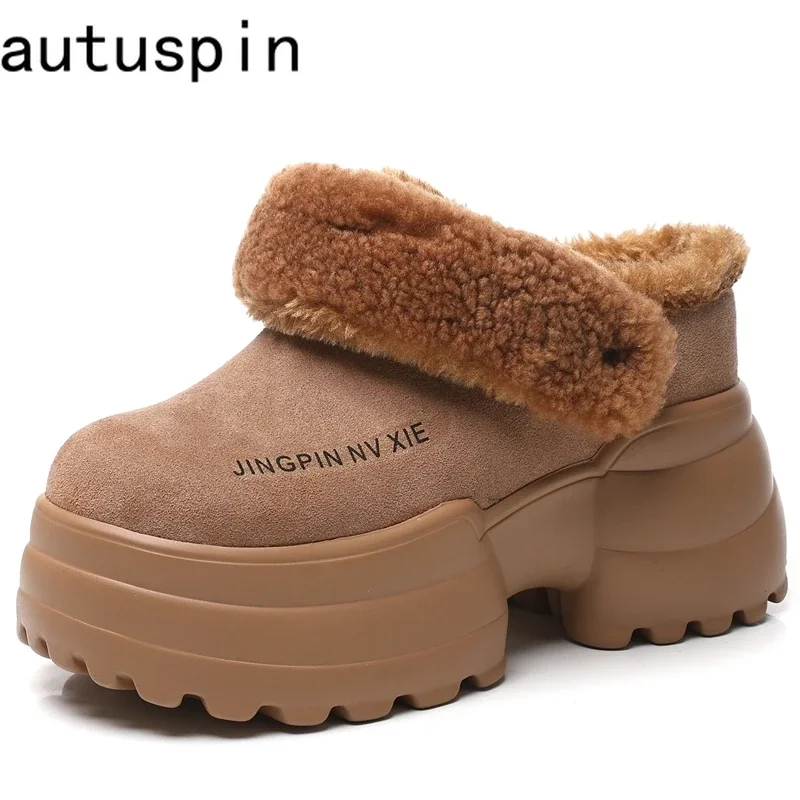 

AUTUSPIN 10cm Increased Height Slippers for Women Winter Flock Leather Warm Plush Shoes Office Ladies High Chunky Platform Slide