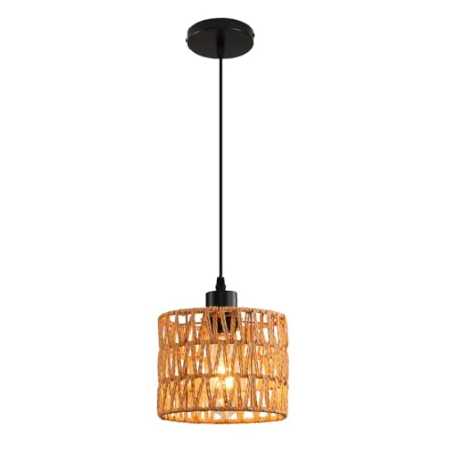 Woven Pendant Light Boho Chandelier, Rattan Pendant Lights Kitchen Island, Farmhouse Pendant Lighting with Hand Woven Wicker Sh