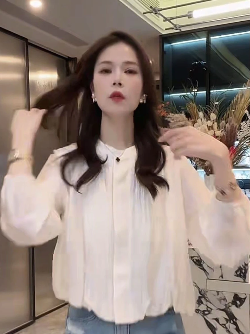 

Элегантная женская рубашка с длинным рукавом и круглым вырезом на пуговицах, весенняя модная новинка, повседневная рубашка с дизайнерским акцентом