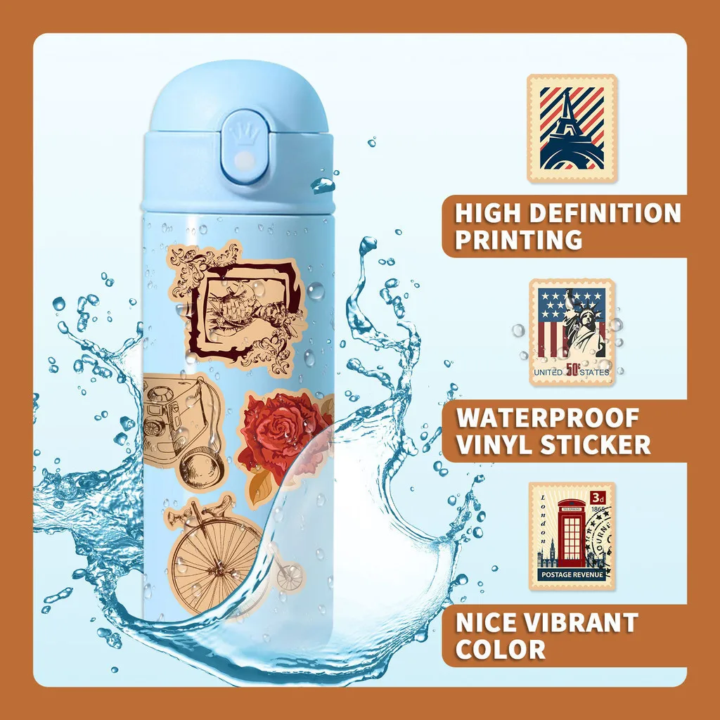 50개 르네상스 영국 및 미국 레트로 우표 방수 그래피티 스티커 핸드 어카운트용 블링블링 스티커 스토어