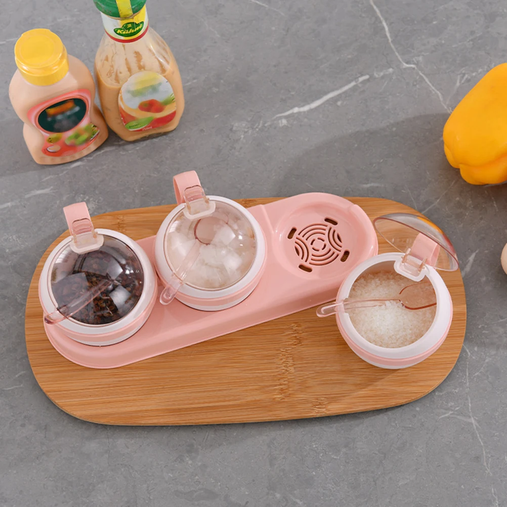 

3pcs Seasoning Box 3-Compartment Kitchen Storage Container For Spices Salt Pepper Oil Vinegar Pink With Spoons Food Grade Pp