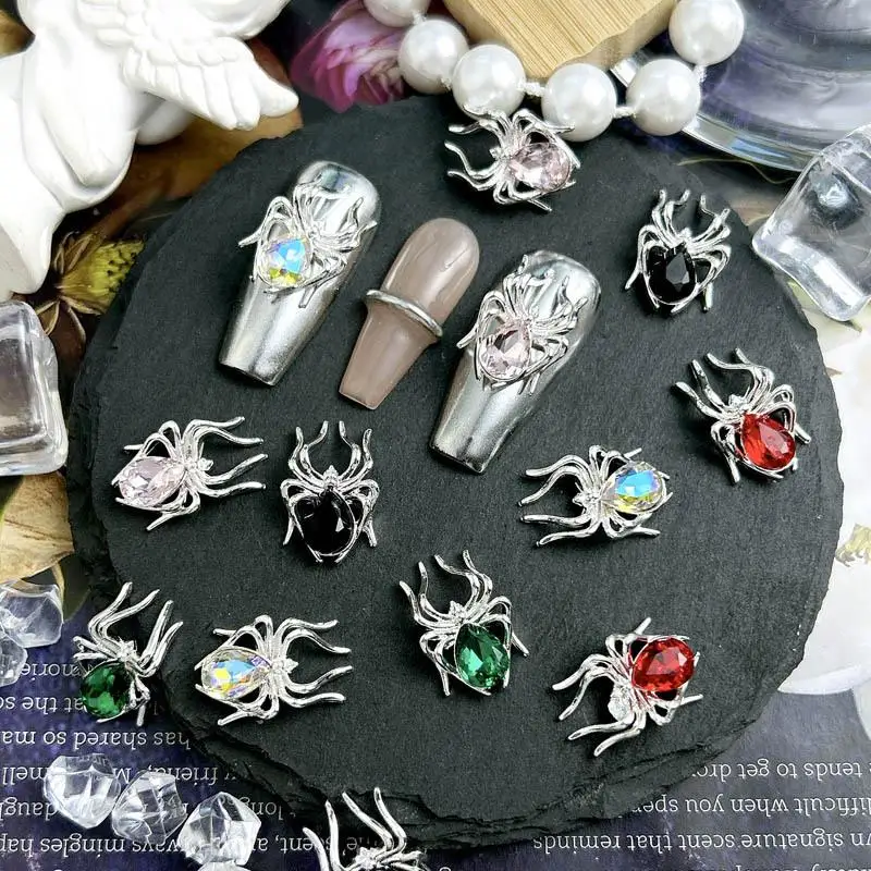 10 Stuks Licht Luxe Legering Zilveren Spin Nail Charmes Kleurrijke Glazen Druppel Steentjes Gotische Stijl Nail Art Decoraties Voor Diy