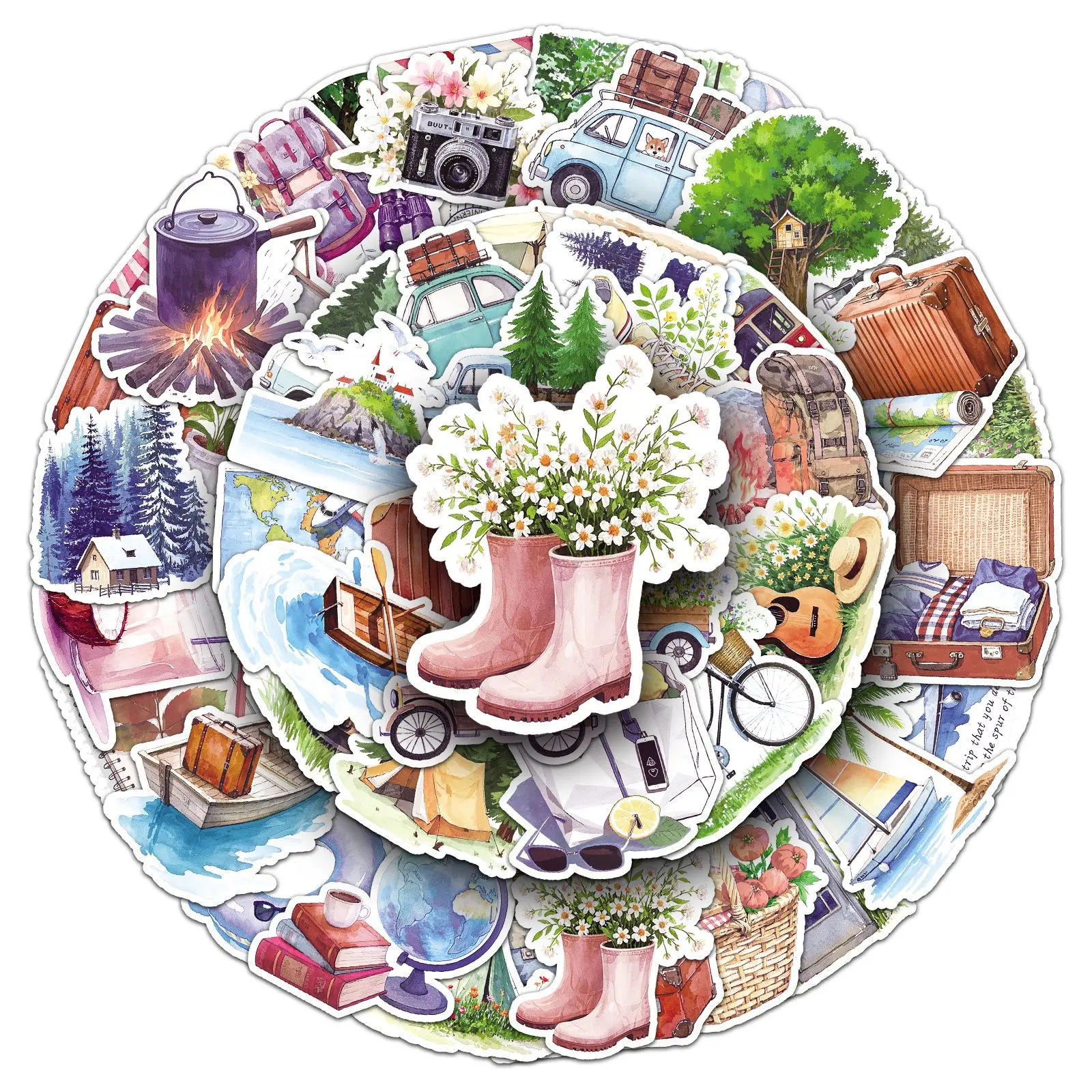 

10/30/50PCS Funny Camping Out Cartoon Graffiti Sticker Small Fresh Watercolor Tourism Decal Cup Notebook Phone Guitar Kid Toys