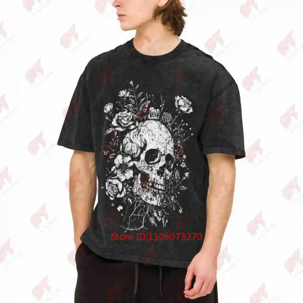 Gothic Skull Rose Floral Skeleton Linocut Witchy Goth Alternative Grunge Dark Aesthetic Vintage Washed Tee Pure Cotton T-Shirt