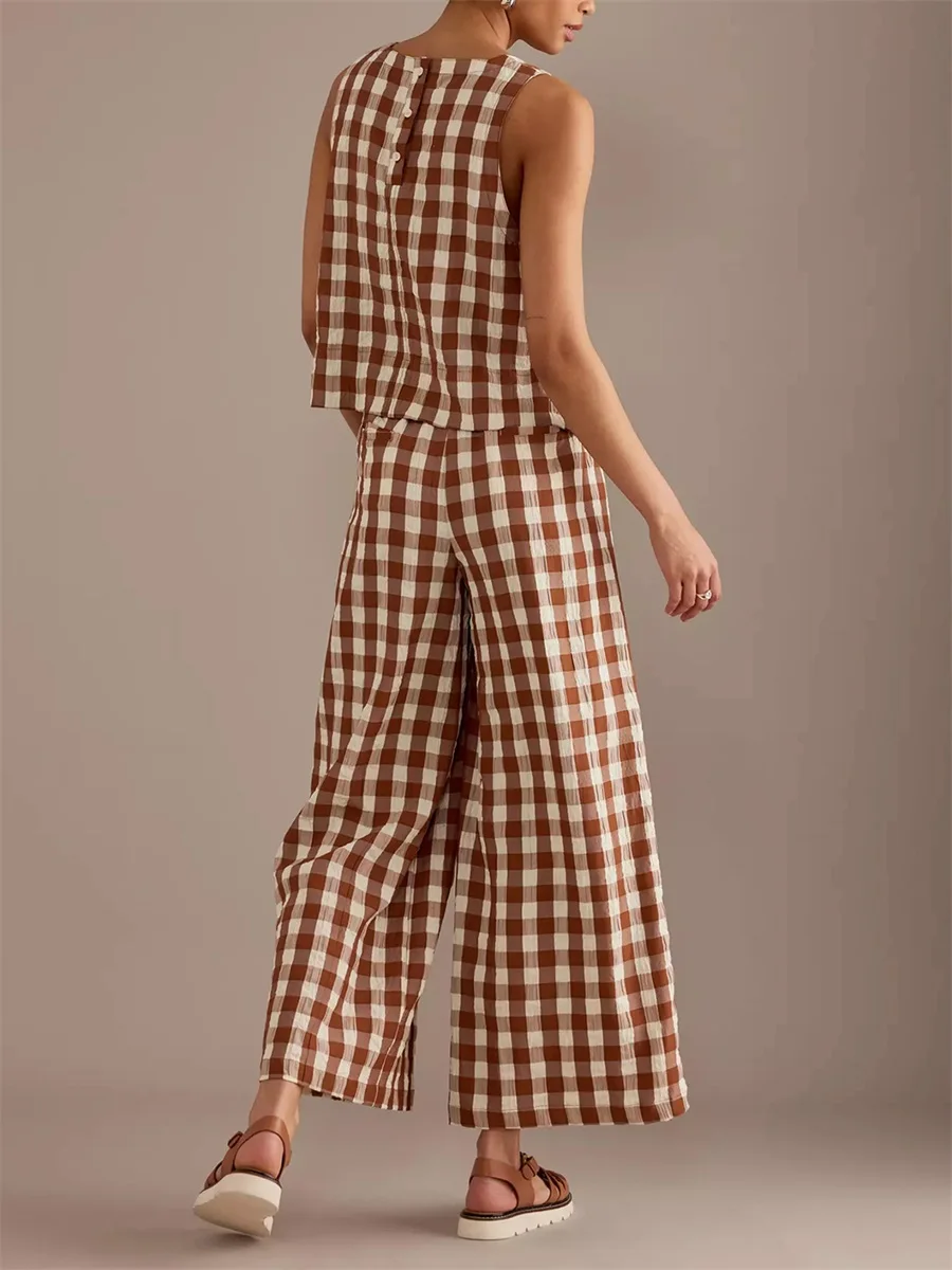 Women Pajamas Lounge Set Plaid Sleeveless Tank Tops and Wide-Leg Pants 2 Piece Loungewear Outfits