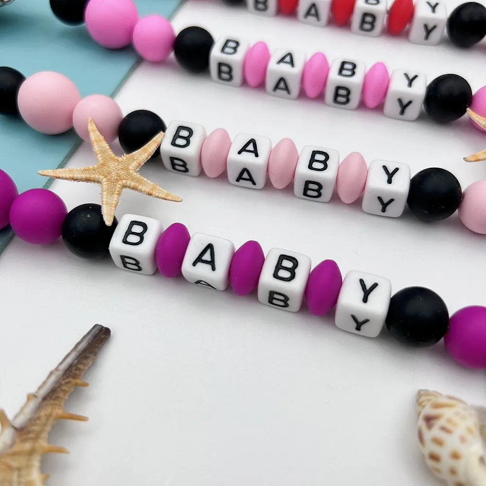 Personalized English Letters Names Silicone Witch Pacifier Chains Holder Clips Beads Pendant Toy for Baby Infant Teether Gifts