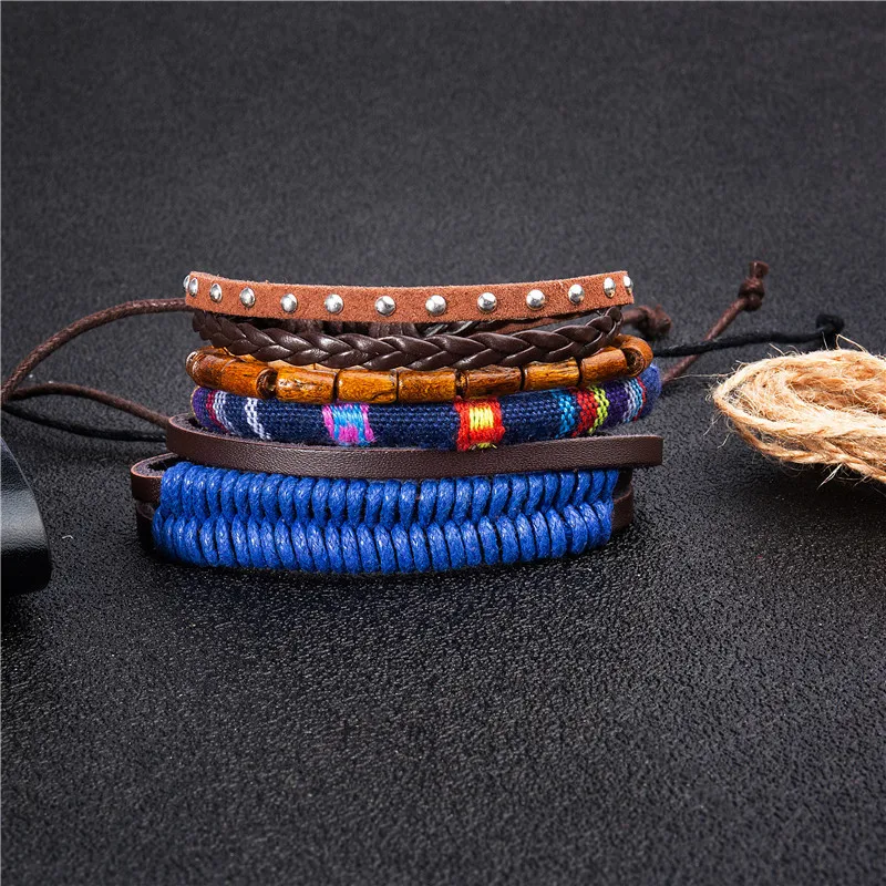 Punk Harajuku Gothic Retro Individuality  Fashion Multilayer  Wooden bead Leather Hand knitting Friendship Bracelet Set of 4