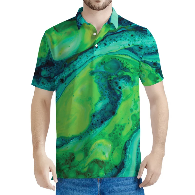 Polo con patrón de flujo de líquido de pigmento colorido para hombre, 3D con estampado de manga corta Camiseta holgada, Tops casuales, camisetas con solapa de calle, Verano