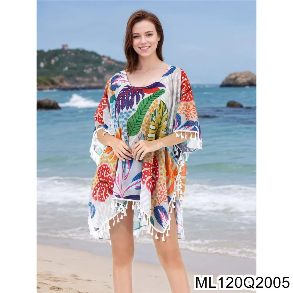 2025 New Tropical Plant Printed Beach Smock, Chiffon Bikini Smock, Vacation Beach Sun-protective Clothing ML120Q20