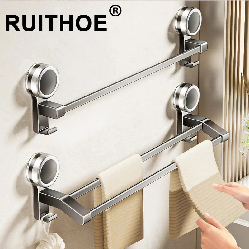 

Bathroom Towel Holder without Drilling Hole Suction Cup Wall Mount Two Bar Hand Towel Rack Kitchen Shower Bath Room Towel Shelf