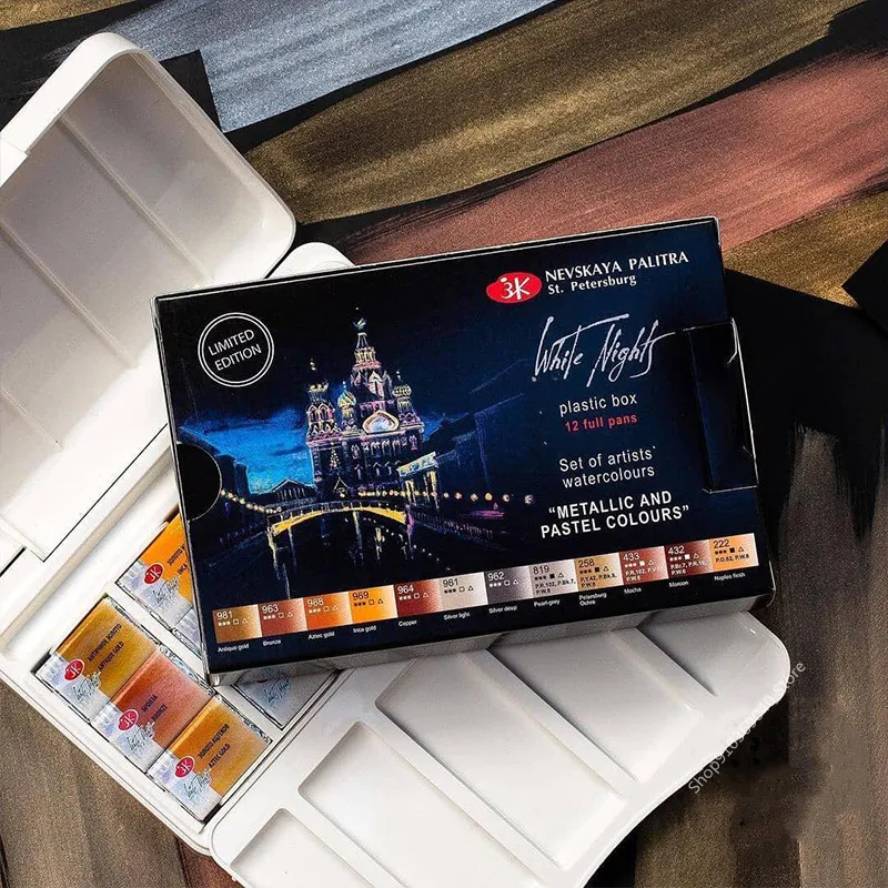 Russian White Night Artist-grade Solid Watercolor Paint 12-color Full-block Portable Sketch Watercolor Box Art Supplies