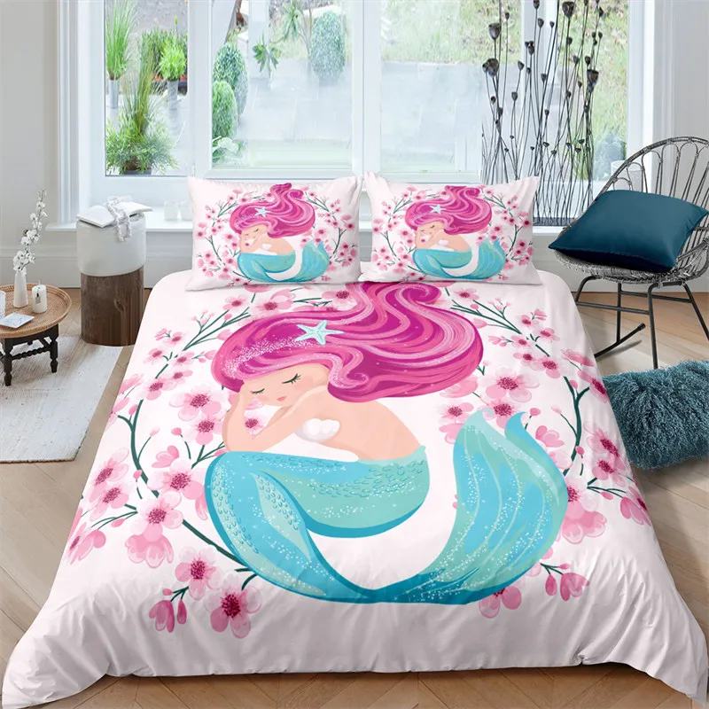 Modern Cartoon Mermaid Toddler Bedding Set For Kids Girls King Size Microfiber Print Duvet Cover With Pillowcases Bedroom Decor